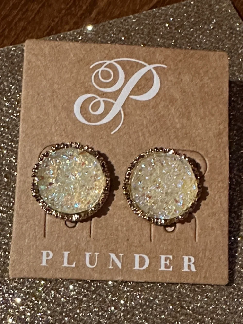 Plunder Gold-Tone Iridescent Cream Druzy Stud Earrings